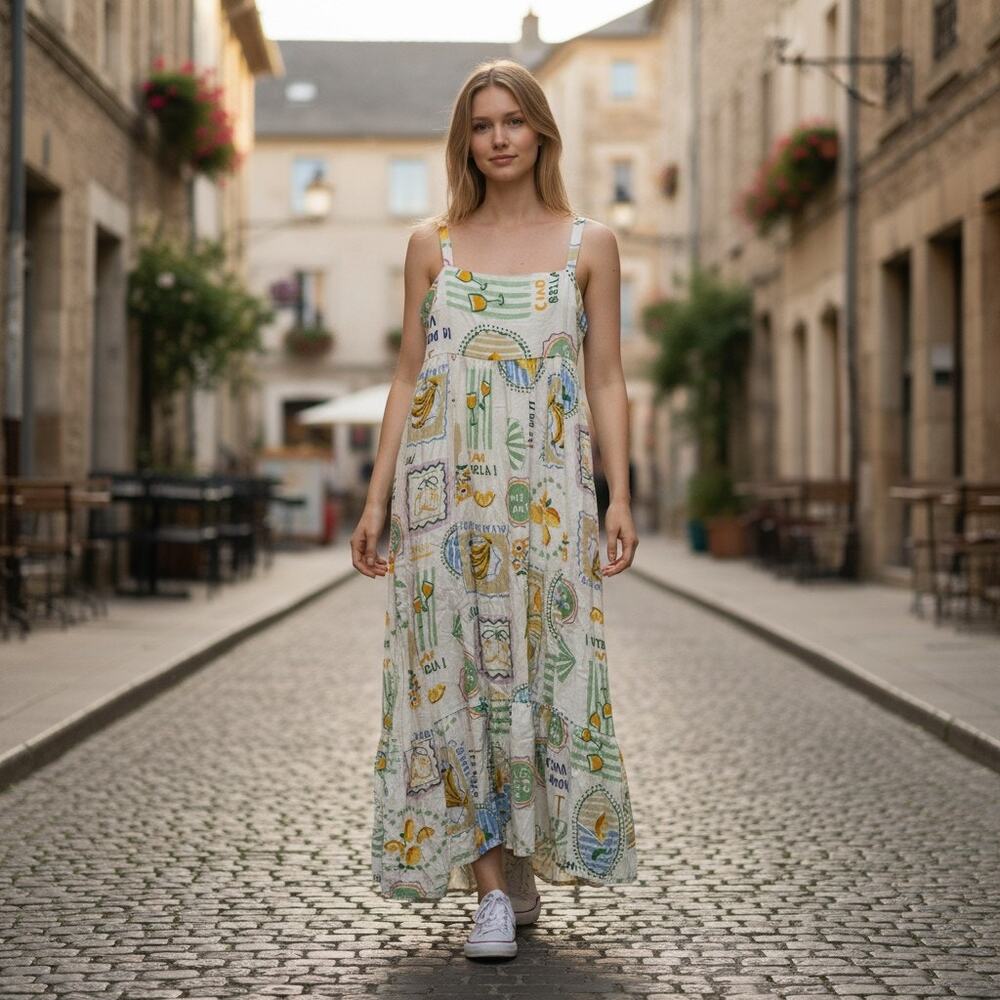 Paper Hearts Linen Blend Long Maxi Dress XS Fruit Vacation Resortwear Beach